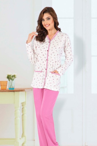 AYDOĞAN - Aydoğan Kadın Pijama Takımı Gömlek Yaka Uzun Kol Büyük Beden Pamuklu - Pembe