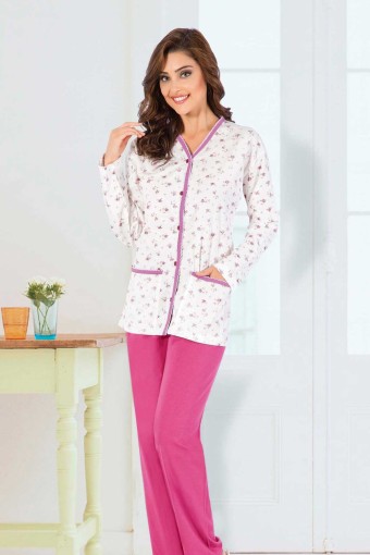 AYDOĞAN - Aydoğan Kadın Pijama Takımı Gömlek Yaka Uzun Kol Desenli İnce Pamuklu - Fuşya