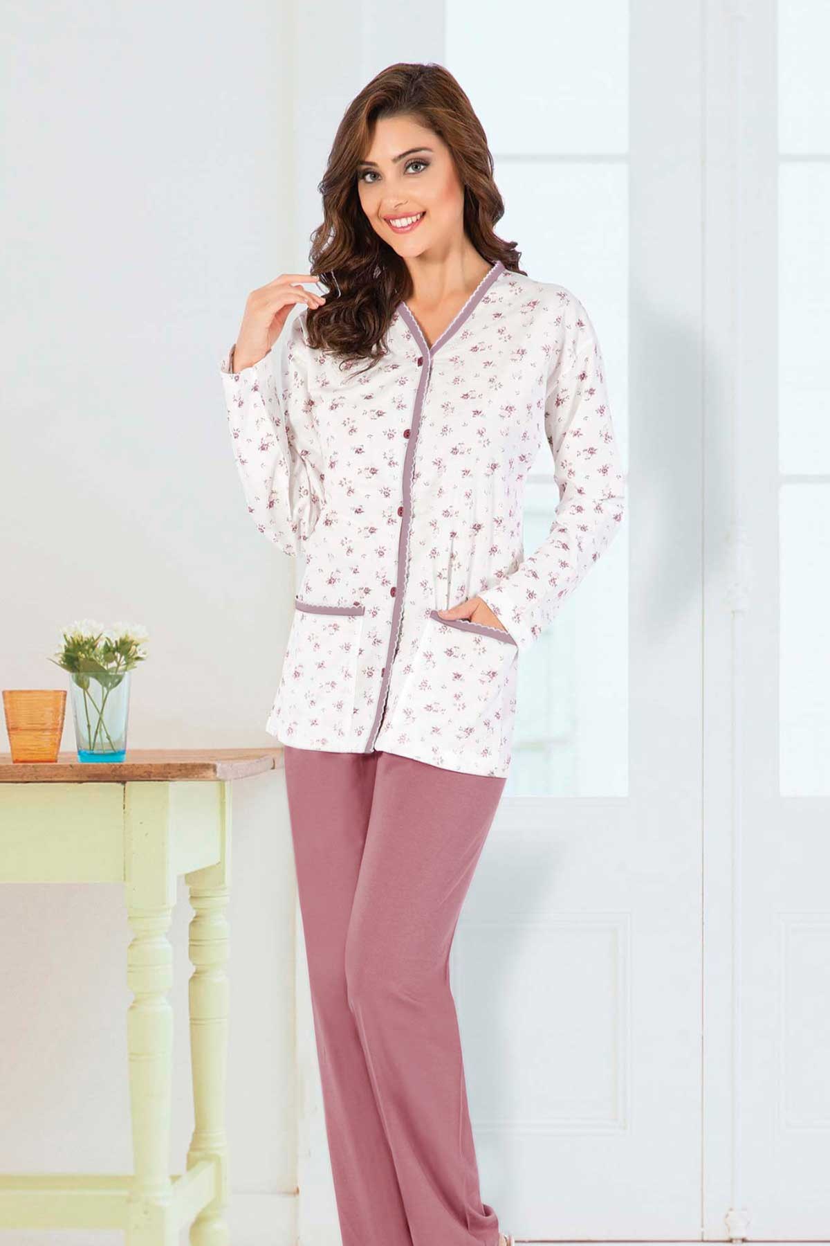 Aydoğan Kadın Pijama Takımı Gömlek Yaka Uzun Kol Desenli İnce Pamuklu - Gülkurusu - Thumbnail