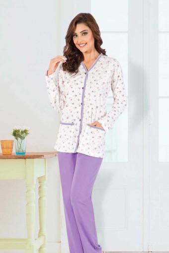 AYDOĞAN - Aydoğan Kadın Pijama Takımı Gömlek Yaka Uzun Kol Desenli İnce Pamuklu - Lila