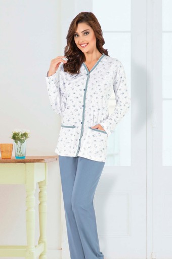 AYDOĞAN - Aydoğan Kadın Pijama Takımı Gömlek Yaka Uzun Kol Desenli İnce Pamuklu - Mavi