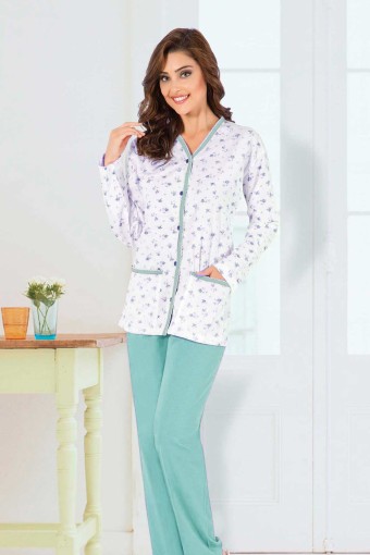 AYDOĞAN - Aydoğan Kadın Pijama Takımı Gömlek Yaka Uzun Kol Desenli İnce Pamuklu - Mint Yeşili