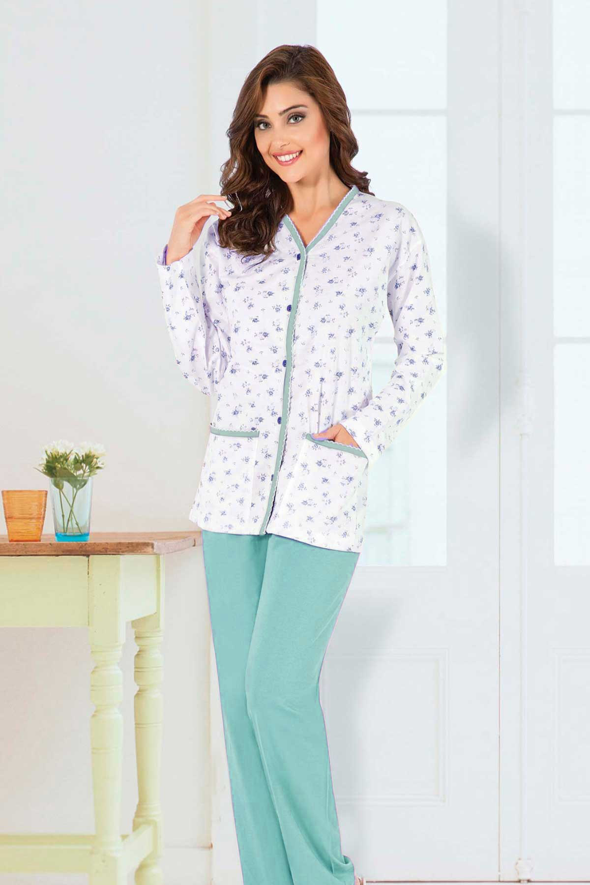 Aydoğan Kadın Pijama Takımı Gömlek Yaka Uzun Kol Desenli İnce Pamuklu - Mürdüm - Thumbnail