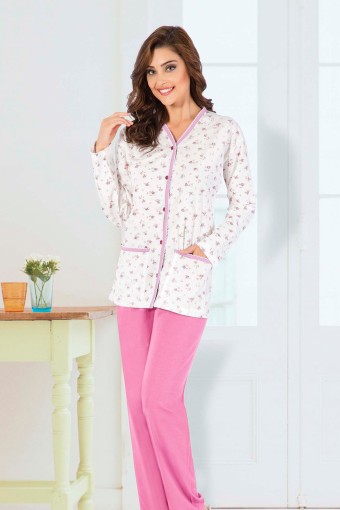 AYDOĞAN - Aydoğan Kadın Pijama Takımı Gömlek Yaka Uzun Kol Desenli İnce Pamuklu - Pembe