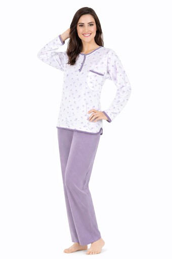 AYDOĞAN - Aydoğan Kadın Pijama Takımı Patlı 3 Düğme Uzun Kol Büyük Beden Pamuklu - Lila