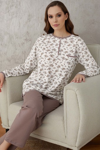 AYDOĞAN - Aydoğan Kadın Pijama Takımı Patlı 3 Düğme Uzun Kol Büyük Beden Pamuklu - Vizon