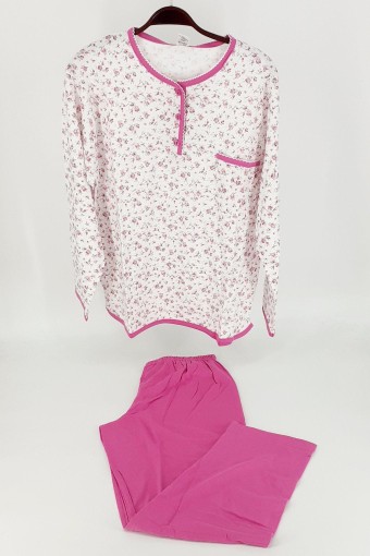 AYDOĞAN - Aydoğan Kadın Pijama Takımı Patlı Uzun Kol 3 Düğme Desenli İnce Pamuklu - Fuşya