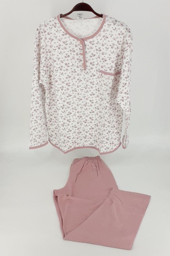 AYDOĞAN - Aydoğan Kadın Pijama Takımı Patlı Uzun Kol 3 Düğme Desenli İnce Pamuklu - Gülkurusu