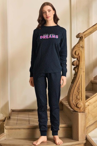 AYDOĞAN - Aydoğan Kadın Pijama Takımı Uzun Kollu Bisiklet Yaka Desenli Ribana - Lacivert