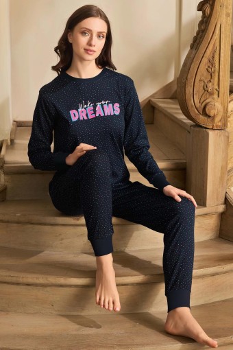 AYDOĞAN - Aydoğan Kadın Pijama Takımı Uzun Kollu Bisiklet Yaka Desenli Ribana - Lacivert (1)