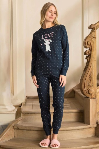 AYDOĞAN - Aydoğan Kadın Pijama Takımı Uzun Kollu Bisiklet Yaka Desenli Ribana - Lacivert