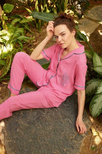AYDOĞAN - Aydoğan Önü Düğmeli Kısa Kollu Pijama Takımı Pembe Poplin