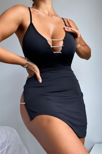 BELENG - Beleng Kadın Fantezi Elbise İp Askılı Derin Yırtmaçlı Taş Detaylı (1)