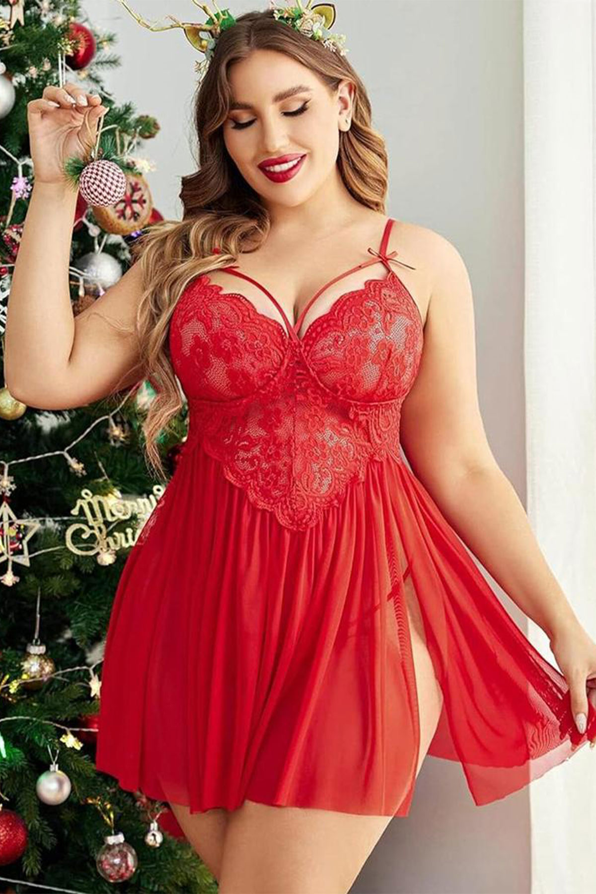 Beleng Kadın Fantezi Gecelik Bralet Çift Yırtmaçlı Büyük Beden - Thumbnail