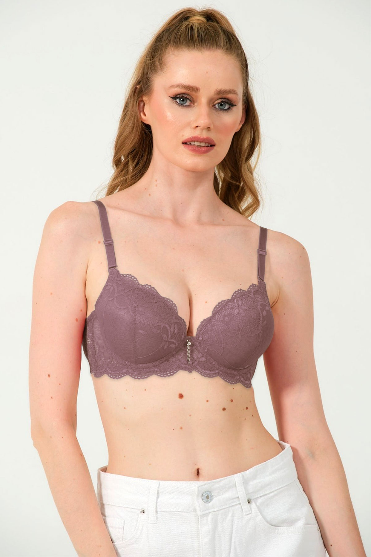 Belvü Kadın Destekli Sütyen Dantelli İthal Lüxs - Lila - Thumbnail
