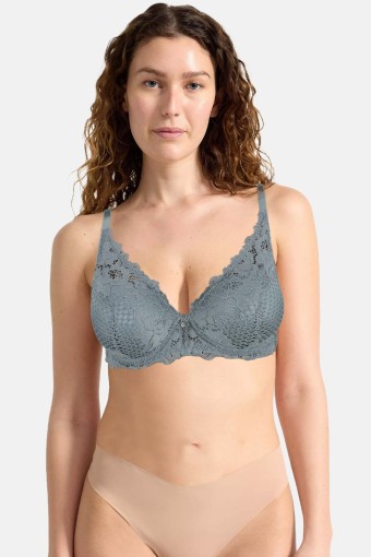 CLARA - Belvü Kadın Desteksiz Sütyen Balenli Dantelli Taş Detaylı - Küf Mavi