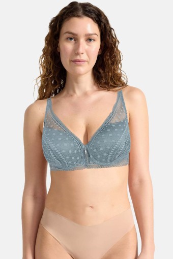 CLARA - Belvü Kadın Desteksiz Sütyen Balenli Dantelli Taş Detaylı - Küf Mavi