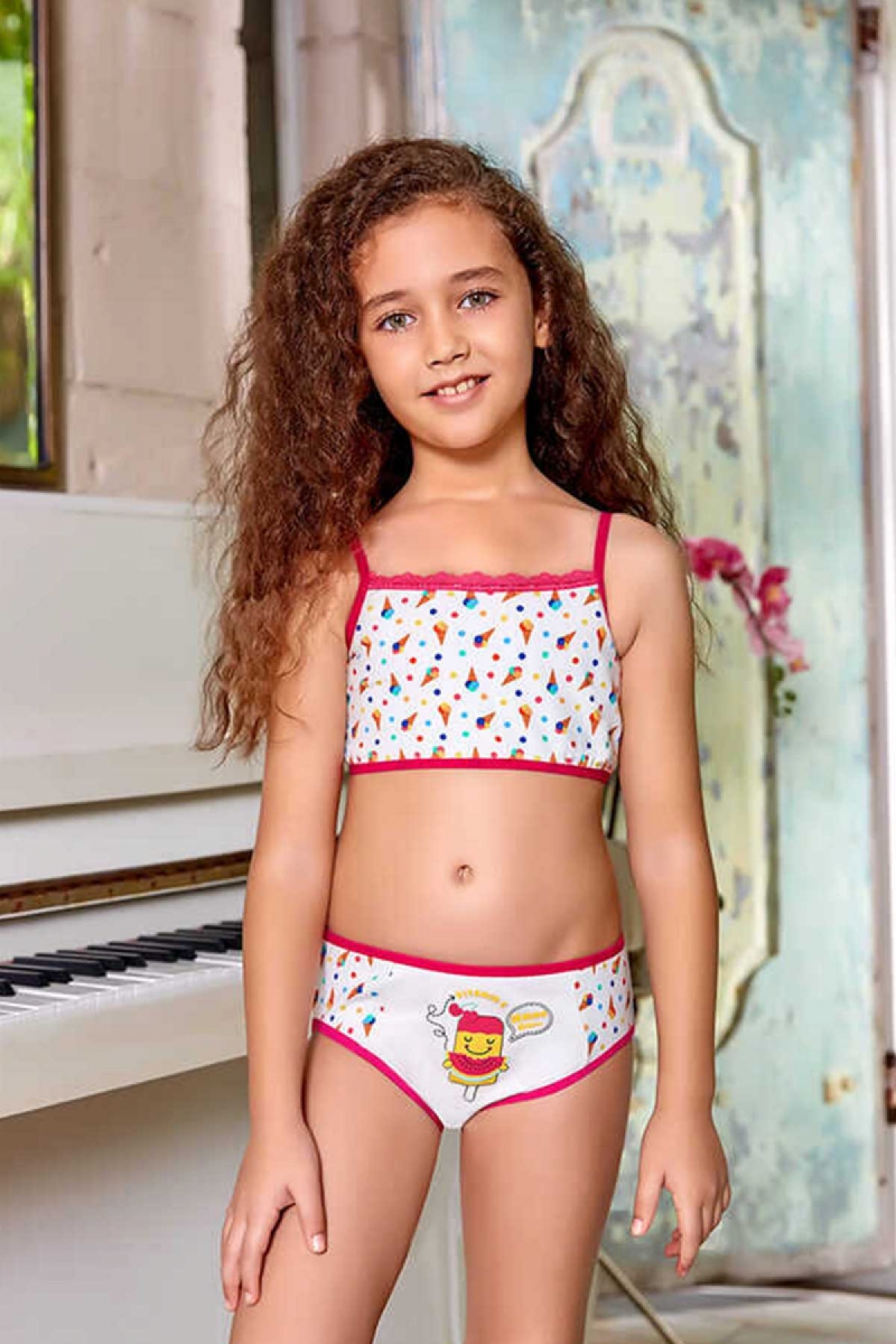 Berrak Kız Çocuk Büstiyer ve Külot Takımı Dondurma Desenli - Thumbnail