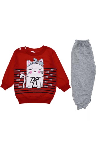 BILKON - Bilkon Bebe Kız Bebek Uzun Kollu Bisiklet Yaka Kedi Baskılı Penye Takım - Kırmızı
