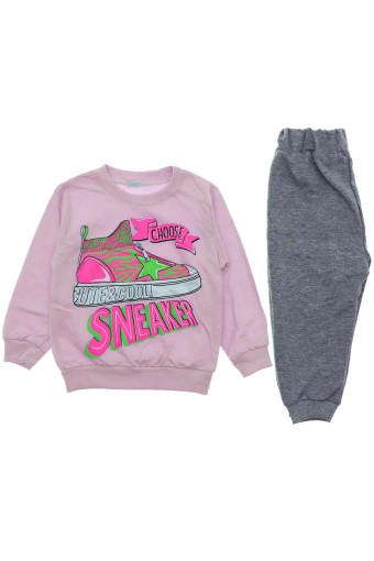 BILKON - Bilkon Bebe Kız Bebek Uzun Kollu Bisiklet Yaka Sneaker Baskılı Penye Takım - Açık Pembe