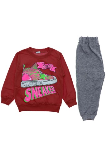 BILKON - Bilkon Bebe Kız Bebek Uzun Kollu Bisiklet Yaka Sneaker Baskılı Penye Takım - Kırmızı