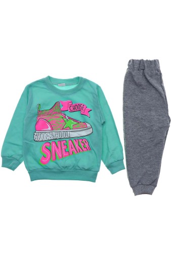 BILKON - Bilkon Bebe Kız Bebek Uzun Kollu Bisiklet Yaka Sneaker Baskılı Penye Takım - Mint Yeşili