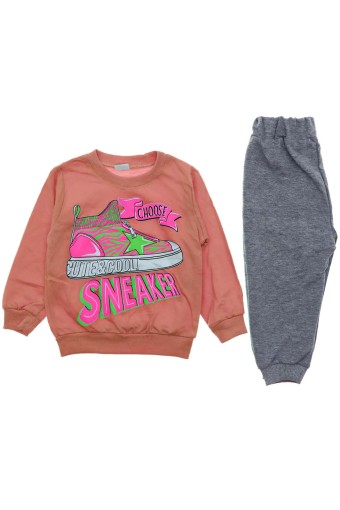 BILKON - Bilkon Bebe Kız Bebek Uzun Kollu Bisiklet Yaka Sneaker Baskılı Penye Takım - Somon