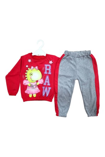 BILKON - Bilkon Kız Bebek Uzun Kollu 2'li Takım Dinazor Baskılı - Kırmızı