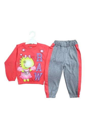 BILKON - Bilkon Kız Bebek Uzun Kollu 2'li Takım Dinazor Baskılı - Nar Çiçeği