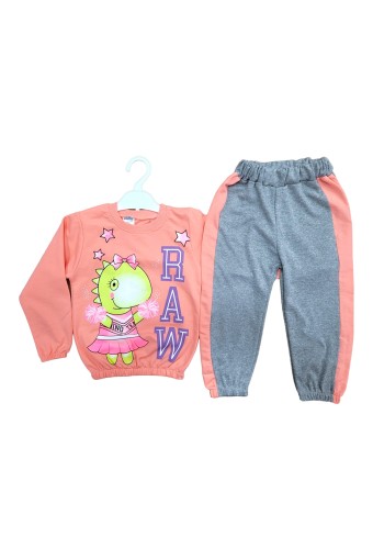 BILKON - Bilkon Kız Bebek Uzun Kollu 2'li Takım Dinazor Baskılı - Somon