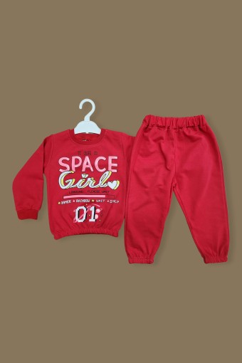 BILKON - Bilkon Kız Bebek Uzun Kollu 2'li Takım Space Girl Yazılı - Kırmızı