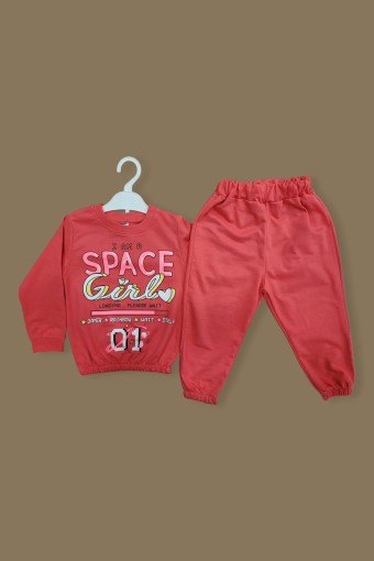 BILKON - Bilkon Kız Bebek Uzun Kollu 2'li Takım Space Girl Yazılı - Nar Çiçeği