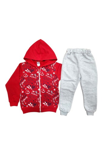 BILKON - Bilkon Kız Bebek Uzun Kollu Önden Fermuarlı 2'li Takım Kalp Baskılı - Kırmızı