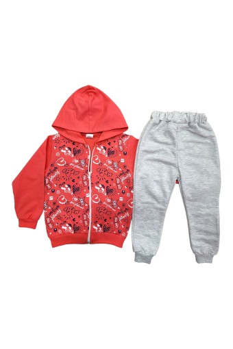 BILKON - Bilkon Kız Bebek Uzun Kollu Önden Fermuarlı 2'li Takım Kalp Baskılı - Nar Çiçeği