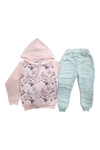 BILKON - Bilkon Kız Bebek Uzun Kollu Önden Fermuarlı 2'li Takım Kalp Baskılı - Pudra Pembe