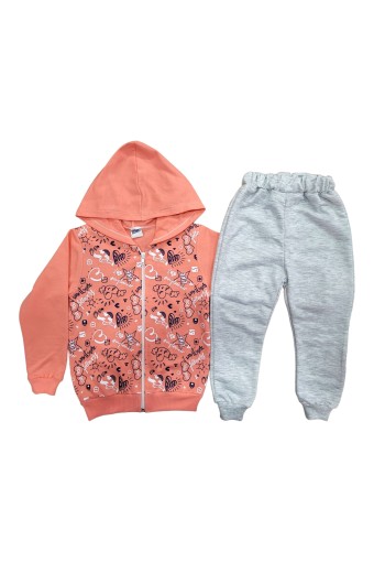 BILKON - Bilkon Kız Bebek Uzun Kollu Önden Fermuarlı 2'li Takım Kalp Baskılı - Somon
