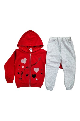 BILKON - Bilkon Kız Bebek Uzun Kollu Önden Fermuarlı 2'li Takım Kalp ve Yıldız Baskılı - Kırmızı