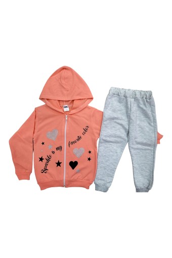 BILKON - Bilkon Kız Bebek Uzun Kollu Önden Fermuarlı 2'li Takım Kalp ve Yıldız Baskılı - Kırmızı (1)