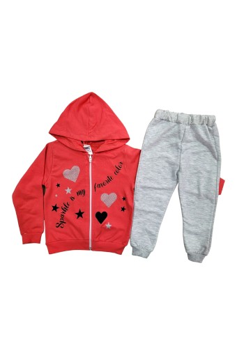 BILKON - Bilkon Kız Bebek Uzun Kollu Önden Fermuarlı 2'li Takım Kalp ve Yıldız Baskılı - Nar Çiçeği
