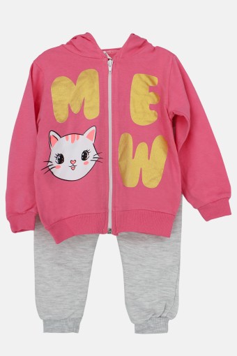 BILKON - Bilkon Kız Bebek Uzun Kollu Önden Fermuarlı 2'li Takım Kedi Baskılı - Açık Pembe