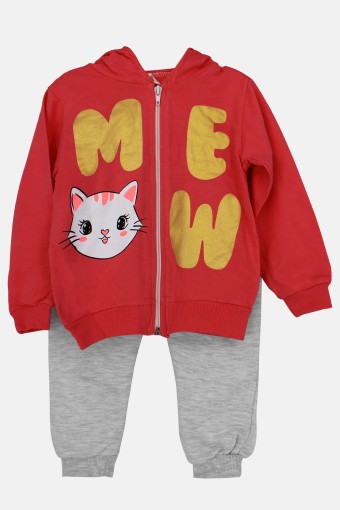 BILKON - Bilkon Kız Bebek Uzun Kollu Önden Fermuarlı 2'li Takım Kedi Baskılı - Kırmızı