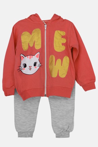 BILKON - Bilkon Kız Bebek Uzun Kollu Önden Fermuarlı 2'li Takım Kedi Baskılı - Nar Çiçeği