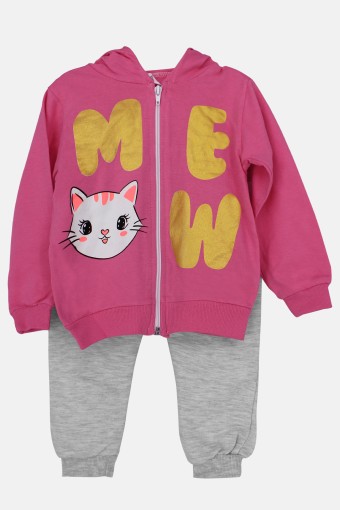 BILKON - Bilkon Kız Bebek Uzun Kollu Önden Fermuarlı 2'li Takım Kedi Baskılı - Pembe