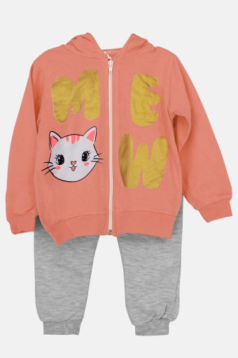 BILKON - Bilkon Kız Bebek Uzun Kollu Önden Fermuarlı 2'li Takım Kedi Baskılı - Somon