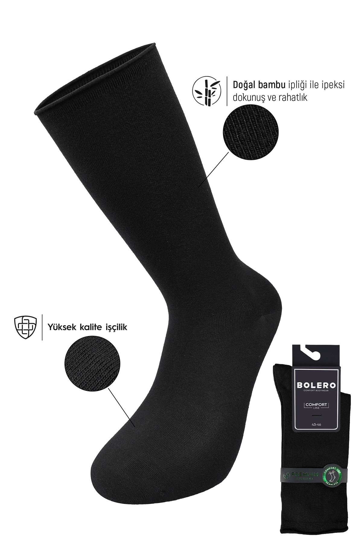Bolero Erkek Soket Çorap Bambu Lastiksiz Roll Top - Thumbnail