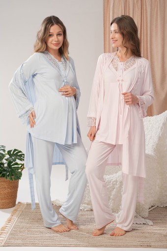 BONE PİJAMA - Bone Kadın Lohusa 3'lü Pijama Takımı Jakarlı Kolları Dantel Desenli