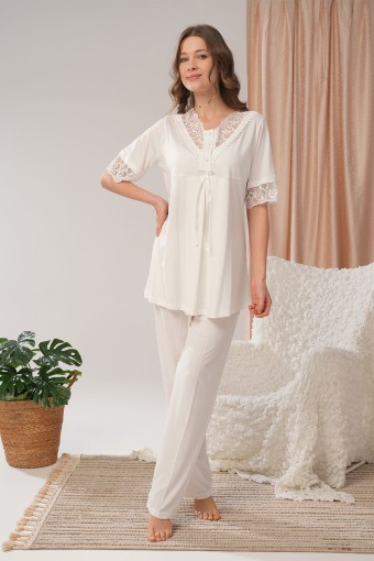 BONE PİJAMA - Bone Kadın Lohusa 3'lü Pijama Takımı Jakarlı Kolları Dantel Desenli (1)
