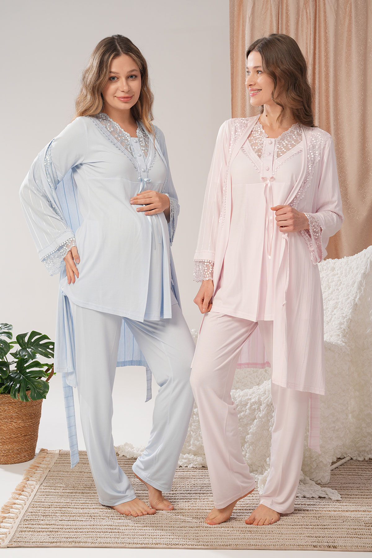 Bone Kadın Lohusa 3'lü Pijama Takımı Jakarlı Kolları Dantel Desenli - Thumbnail