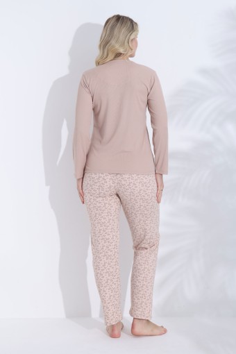 BOYRAZ - Boyraz Kadın Pijama Takımı Uzun Kollu Bisiklet Yaka Ayıcık Baskılı Berlin Raporlu - Vizon (1)