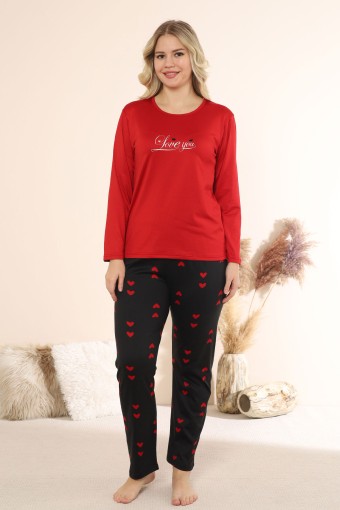 BOYRAZ - Boyraz Kadın Pijama Takımı Uzun Kollu Bisiklet Yaka Kalp Baskılı Sendy - Kırmızı